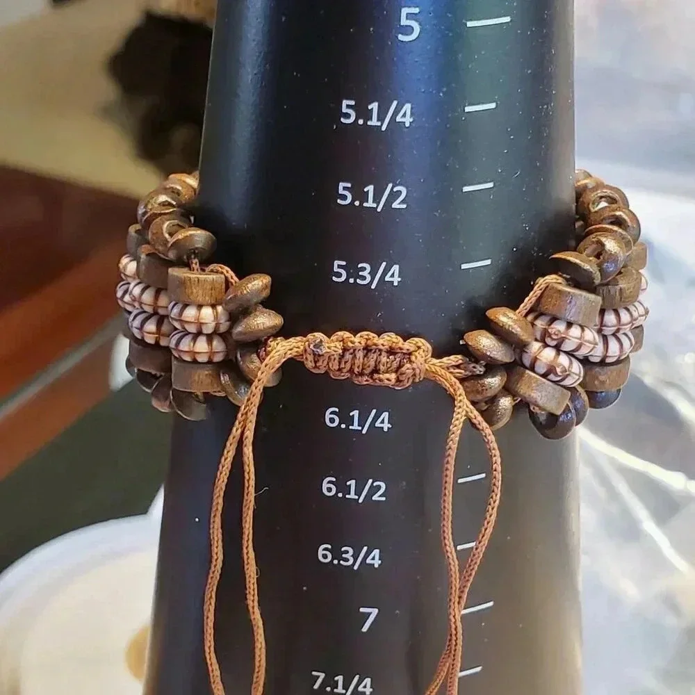 90s Y2K Vintage Brown Wood Acrylic Rondelle Beads OSFA Adjustable Bracelet